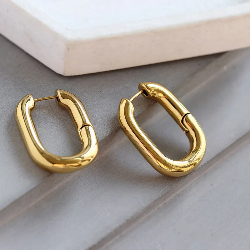 SRCOI New Simple Design Geometric Rectangular Lock Buckle Gold Color Metal Brass Oval Hoop Earrings For Women Party Punk Jewelry