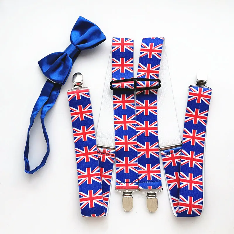 3.5 Cm Lebar Bendera Inggris Suspender Biru Dasi Kupu-kupu Set Besar Pria Wanita Kawat Gigi Leher Dasi Yang Sesuai dengan kemeja LB044