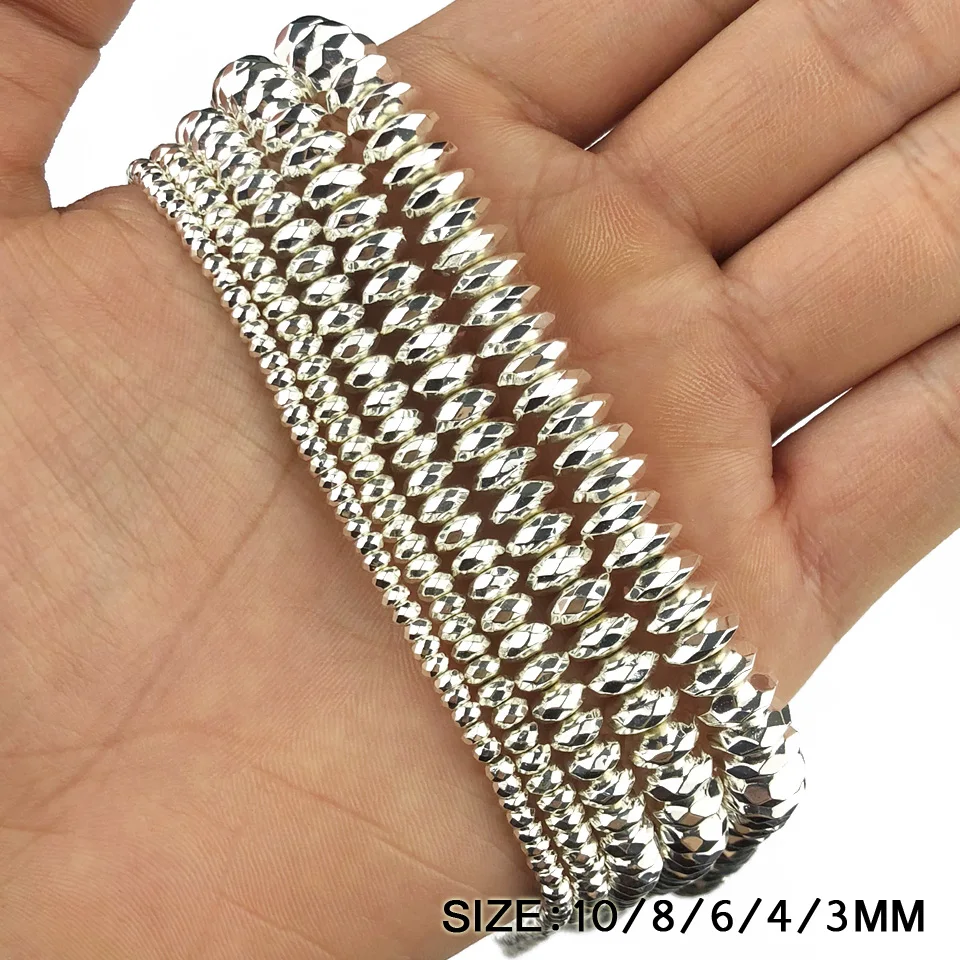 Flat Faceted Round Silver Colour Hematite Spacer Beads 3~10mm Natural Stone Loose Bead For Jewelry Bracelets&Necklace Making DIY