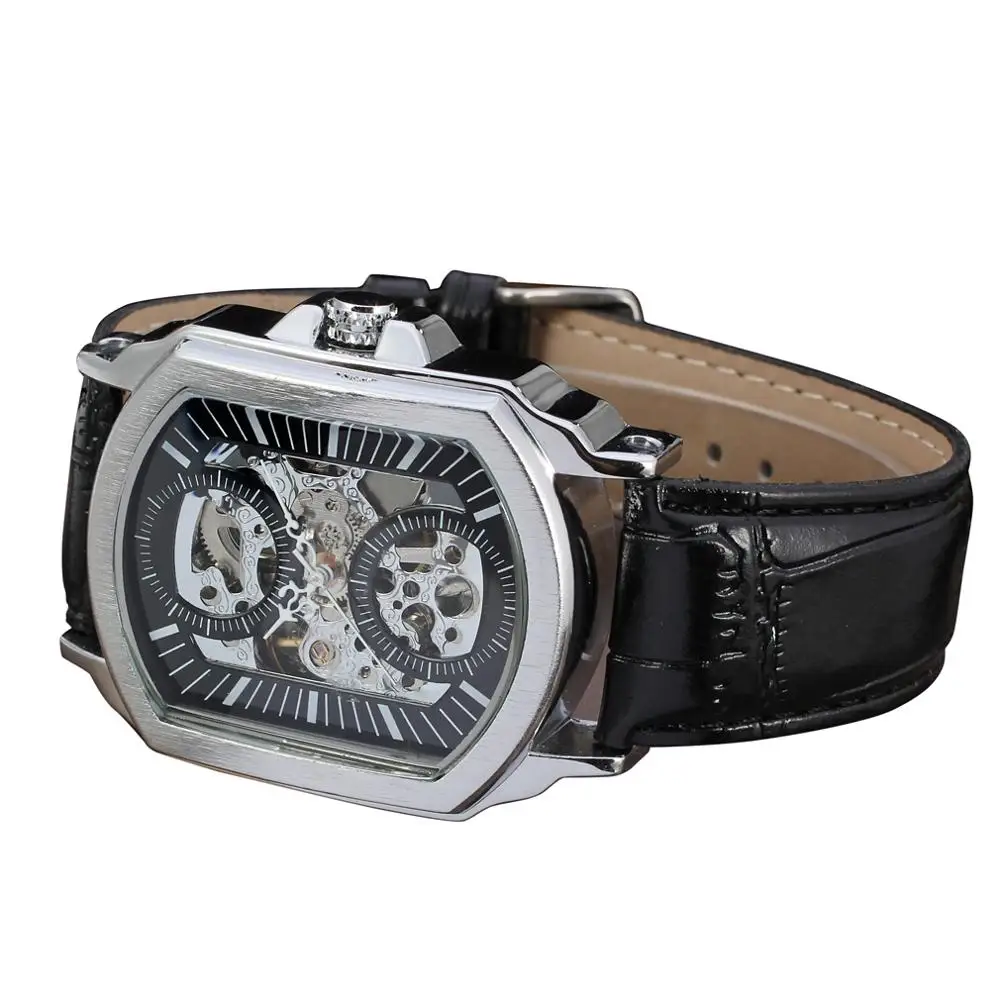 T-WINNER WATCH Creative surface double circle black no digital dial leather strap men\'s mechanical wrist watch