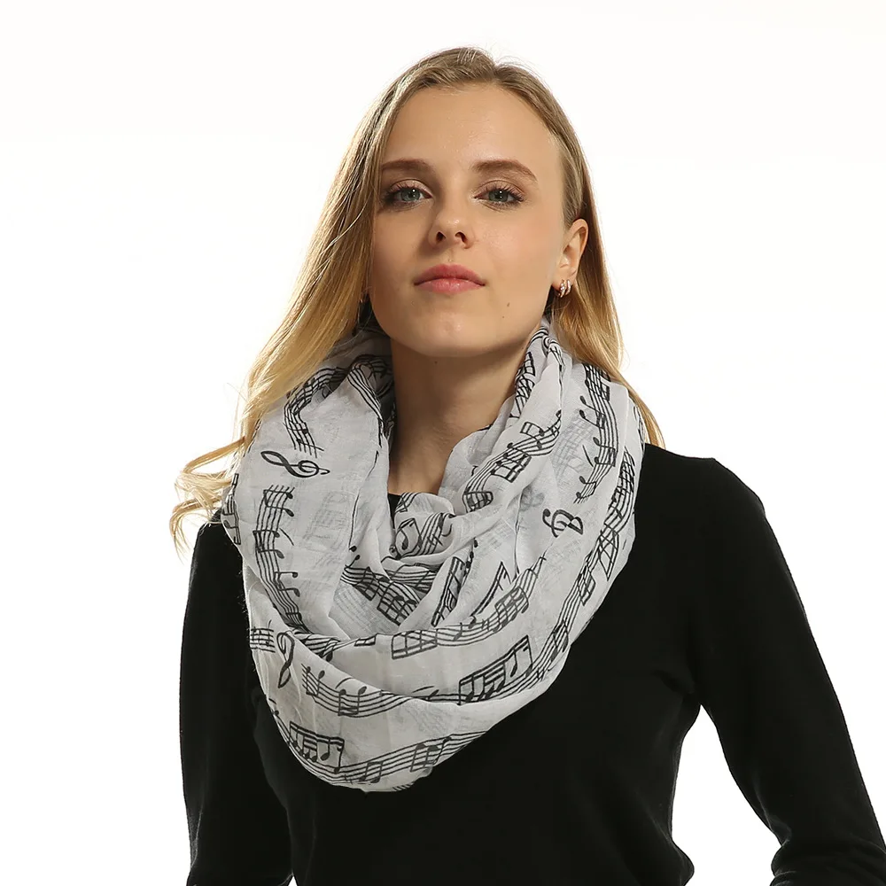 

2020 Fashion Women Infinity Scarf Soft Voile Music Notes Script Printed Loop Scarves and Shawls bufandas mujer Hot Sale charpes