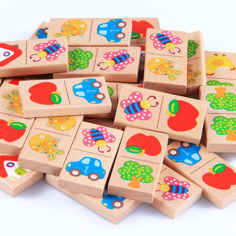 28pcs Baby Wooden Domino Block Toys Cartoon Garden Animal Vehicle Fruit Domino Blocks Toys Building Blocks Educational Matching