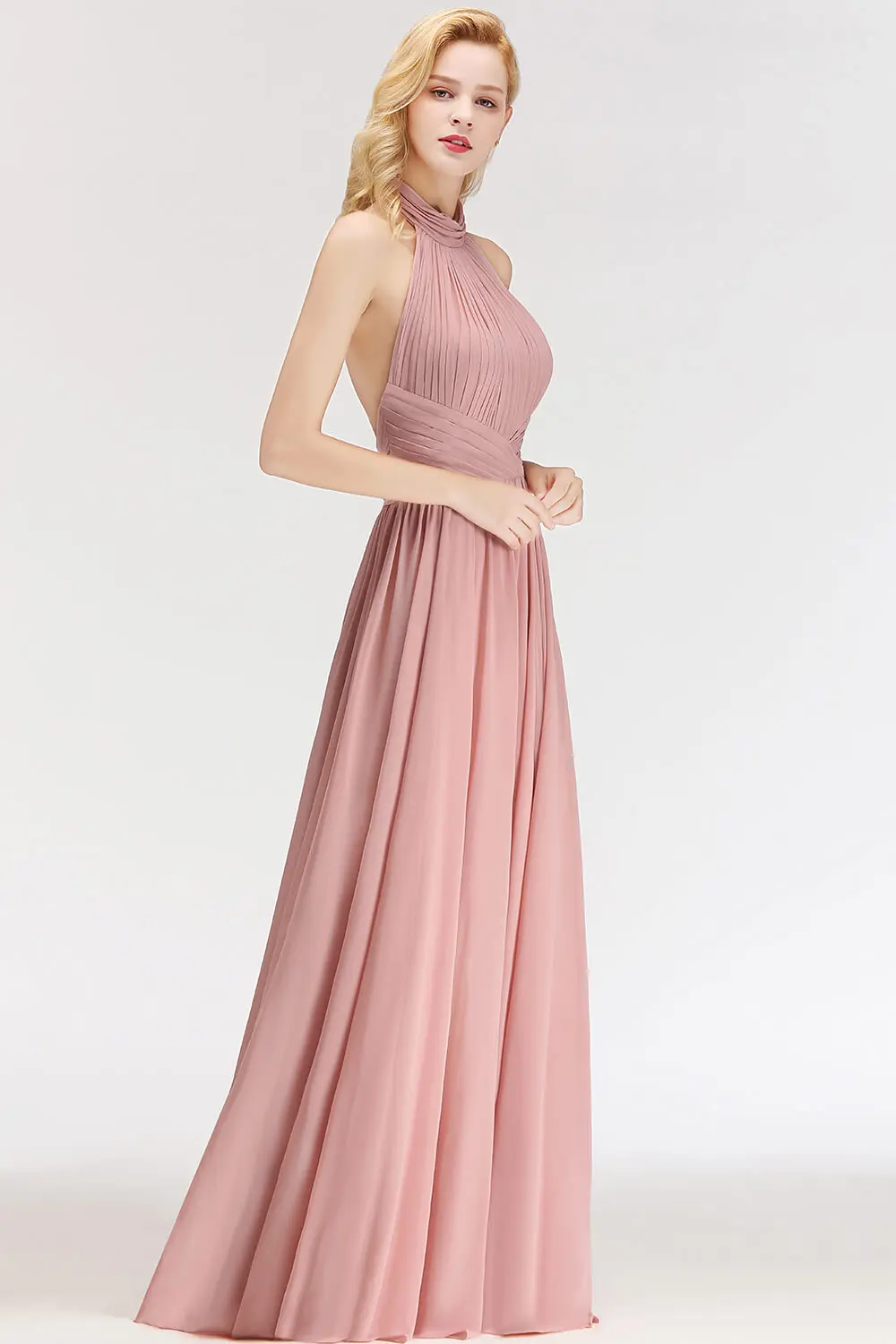 Staubigen Rosa Halfter Abendkleider 2022 Lange Frauen A-linie Chiffon Ärmellose Sexy Backless Formales Abschlussball-partei-kleid roben de soirée