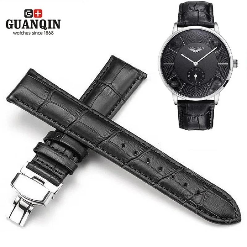 GUANQIN 20mm Watchbands Genuine Leather Black Brown Color Deployant Buckle Bracelet Watch Band For Butterfly Pattern Watches