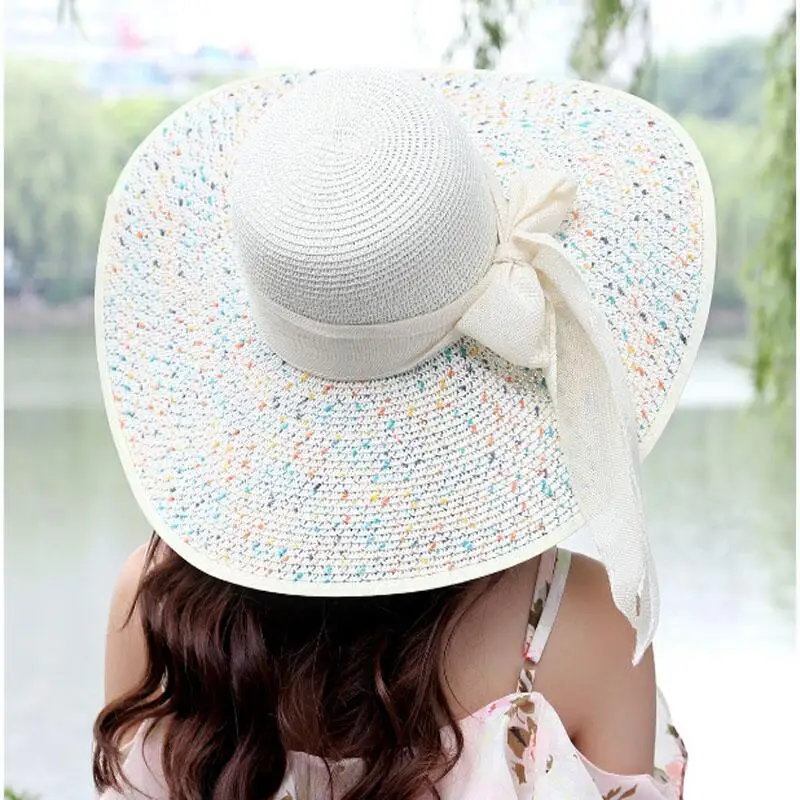 jiangxihuitian 2018 Summer Women\'s beach hats Caps Foldable Chiffon Floppy Sun Hats Casual Ladies sombreros bowknot hat Ladies