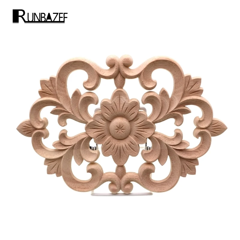 RUNBAZEF Woodcarving Furniture Decoration Style SolidWood Round Applique Door Heart Decorative Flower Funko Pop Artesanato Craft