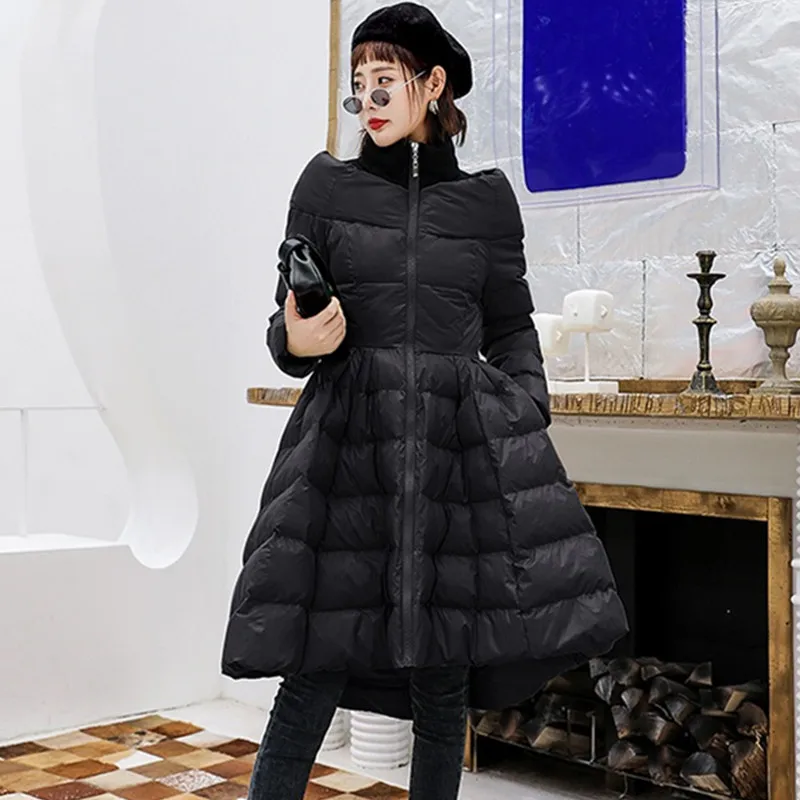 UHYTGF New Winter gonna Style piumino cappotto donna One Word Collar Slim Fluffy Down Cotton Luxury Long Cloak Warm Jacket 983