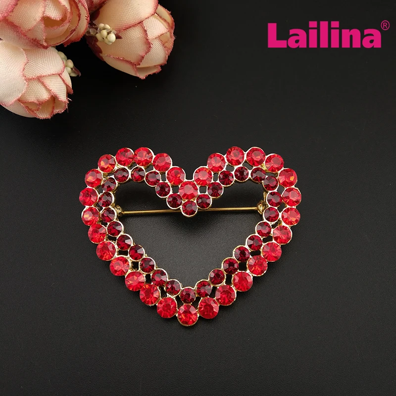 20pcs/lot Fashion Red Rhinestone Crystal Romantic Heart Shape Small Brooch Pins For Girls Women