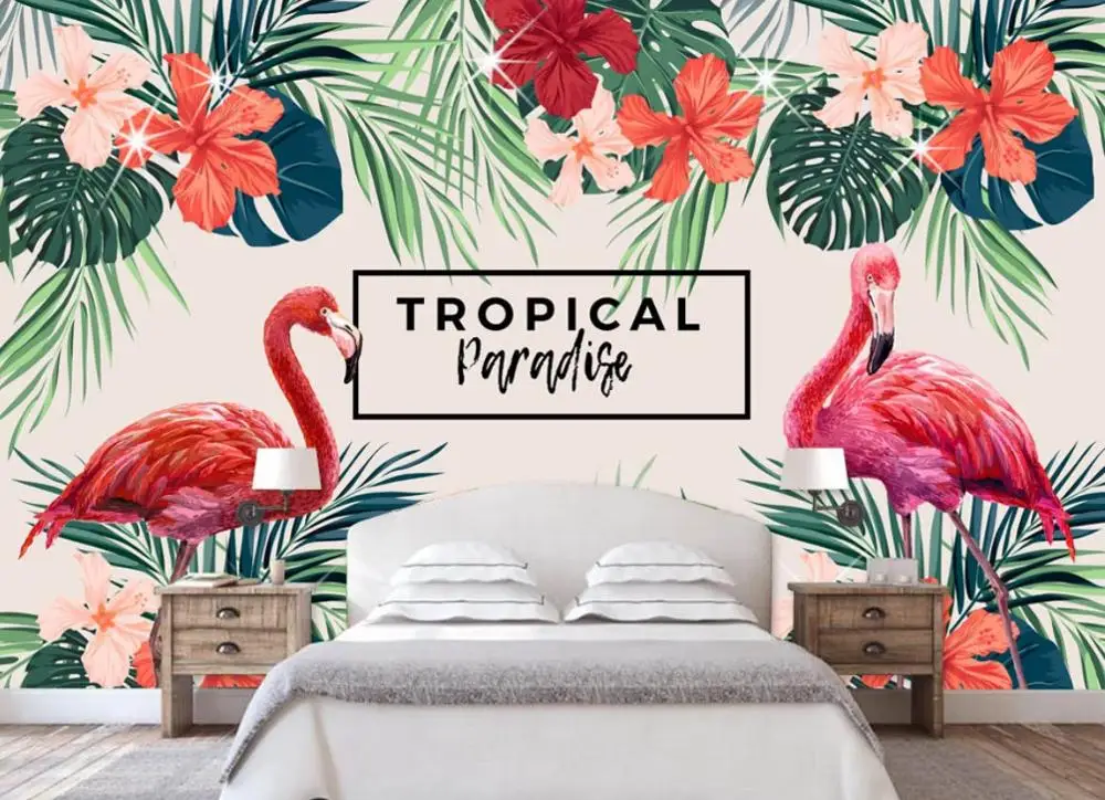 

beibehang Customized eco-friendly silky papel de parede 3d wallpaper Nordic minimalist small tropical plant flamingo background