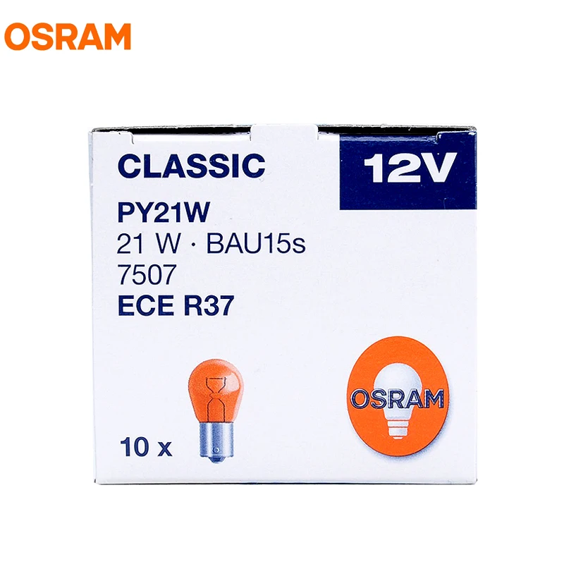 10pcs OSRAM 7507 PY21W S25 BAU15s 12V 21W Yellow Amber Metal Bases Turn Signal Lamps Brake Light OEM Car Halogen Bulb