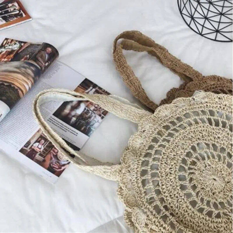 Bohemian Straw Bags for Women Circle Beach Handbags Summer Rattan Shoulder Bags Handmade Knitted Travel Big Totes Bag New