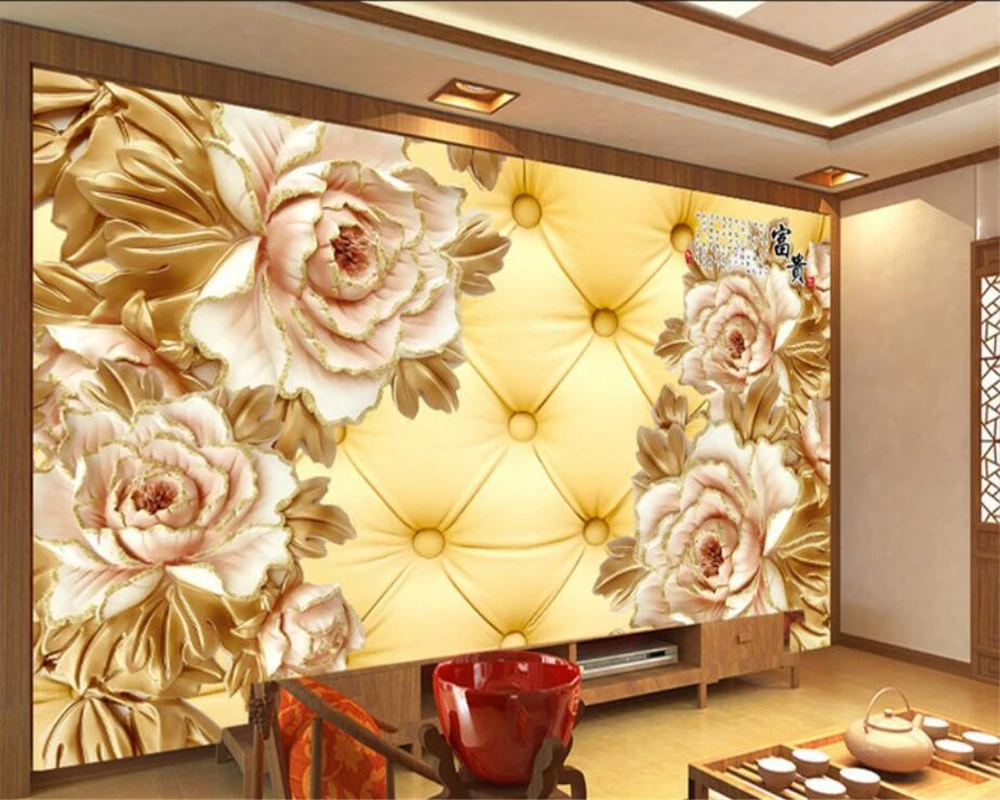 

Beibehang Custom wallpaper rich peony fine imitation relief 3D stereo soft bag TV backdrop living room bedroom wall 3d wallpaper