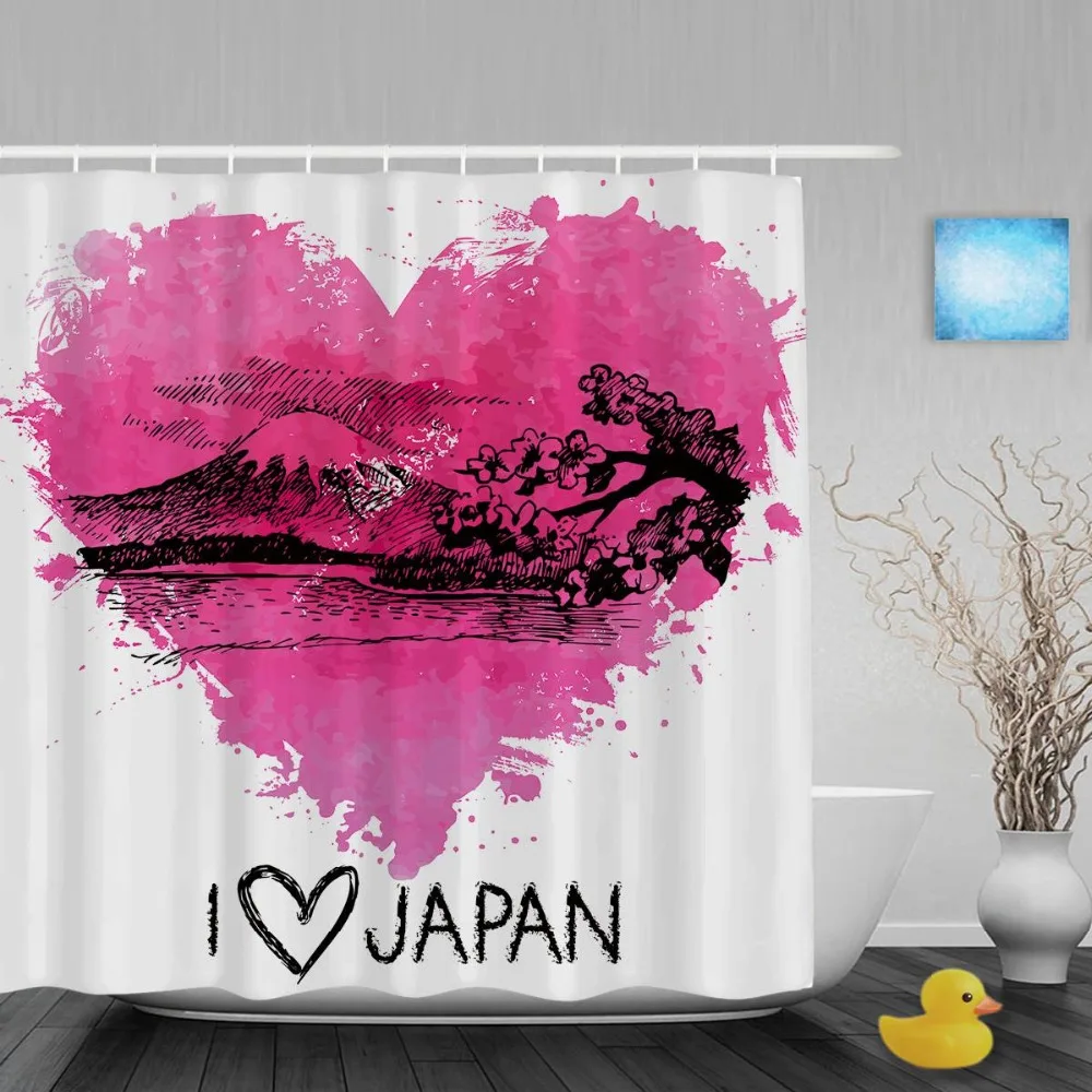 Pink Watercolor Heart Wedding Bathroom Curtains Sketch Japanese Splash Shower Curtain For Valentine Waterproof Fabric With Hooks