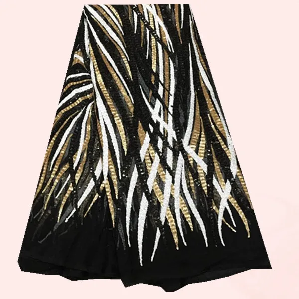 

5yards/pc High grade French black net Lace Fabric with gold+white+black sequins for dress FN10-1