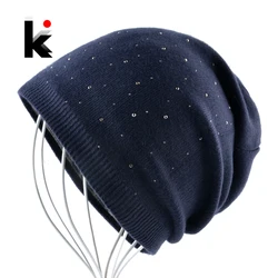 Ladies Fashion Rhinestone Pearls Beanie Women Autumn Winter Knitted Hats Women's Solid Color Bonnet Caps Female Knit Skullies