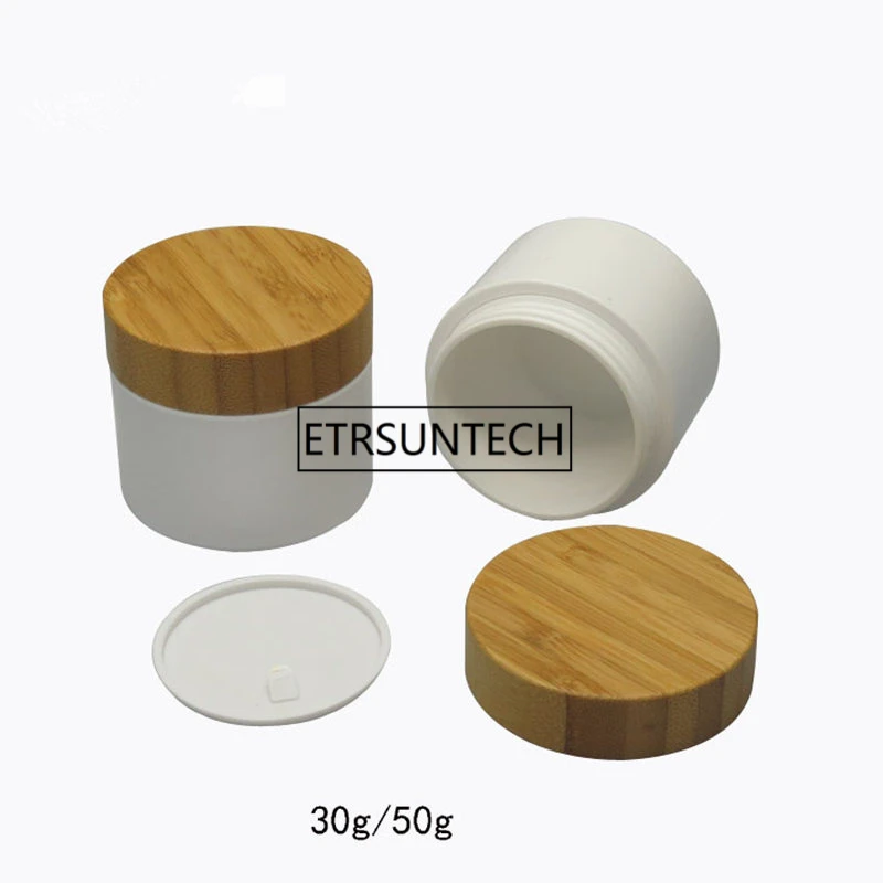 

30g 50g Empty Elegant Plastic Mask Refillable Bottle Jar DIY White Cosmetic Cream Packing Jar Bamboo Lid Cap Cosmetic Pot F1616