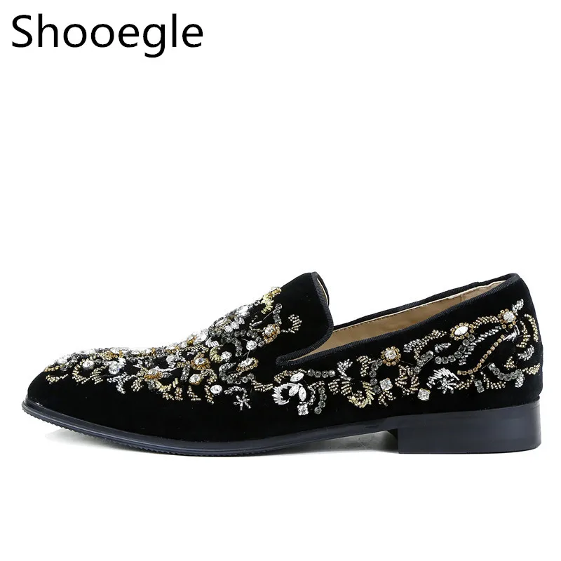 Black Rhinestone Floral stud Embroidery Men Shoes Fashion Slip-on Loafer Crystal Men Smoking Casual Shoes