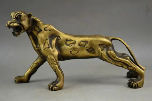 Elaborate Chinese Old Decorated Handwork Brass Fierce Roaring Leopard  Statue sculpture