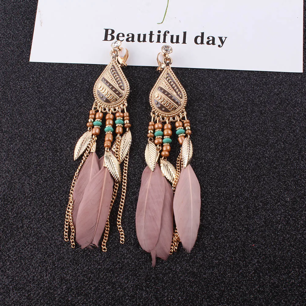 Summer Fashion Jewelry Bohemia Ethnic Vintage Long Feather Clip on Earrings 4 colors Charm Earrings BOHO Beach Holiday Style