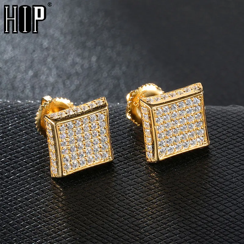 Hip HOP CZ Zircon Square Bling Iced Out Micro Full Paved Rhinestone Stud Earring Copper Earrings For Men Jewelry