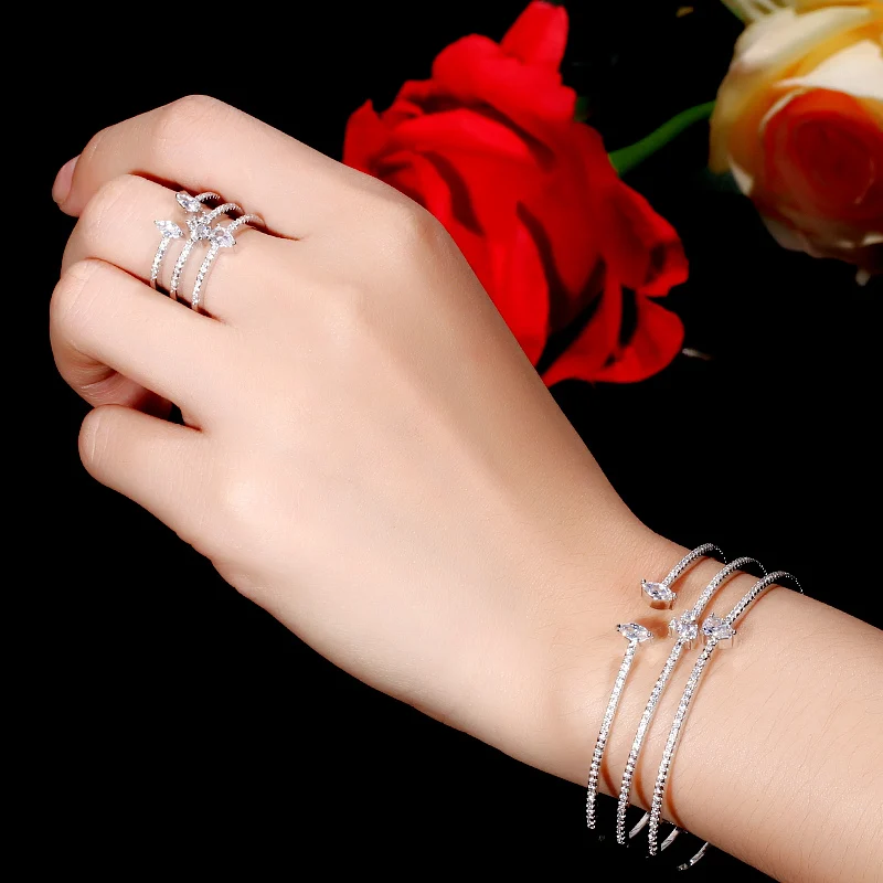 CWWZircons New Arrival Round Shape Exquisite Micro Pave Cuff Bracelets Bangle and Open Ring Set for Women Jewelry Bijoux T135