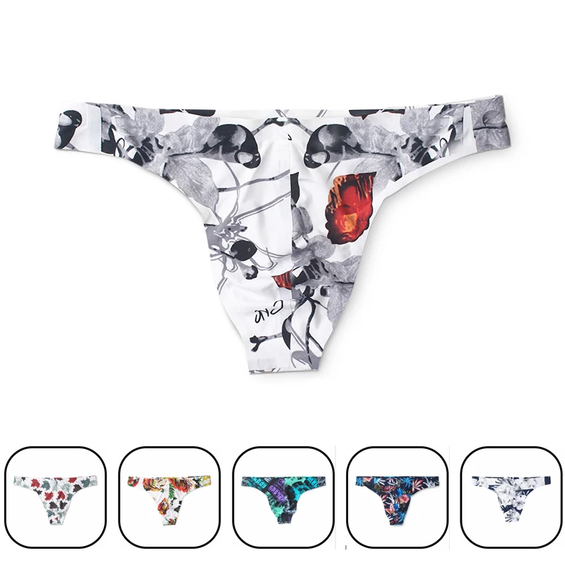 Ice Silk Seamless Sissy Men Thongs and G Strings Sexy Print Men Penis Pouch Bikini Underwear Male Panties Cueca Plus Size M-XXL