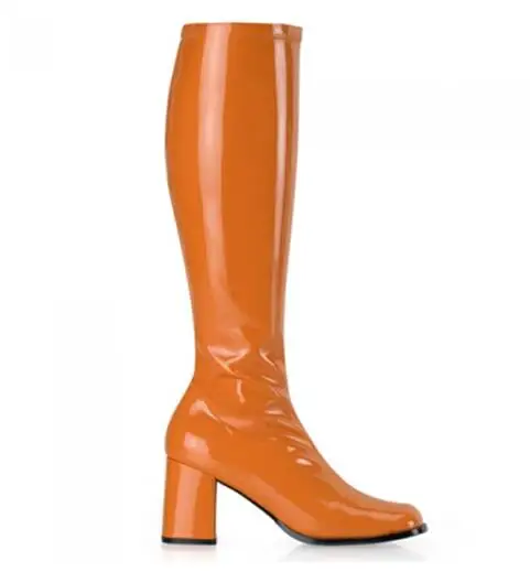 Women Winter Boots Yellow Shinny Leather Round Toe Square Heel Knee High Boots Women Low Heels Lady Motorcycle Ridding Boot