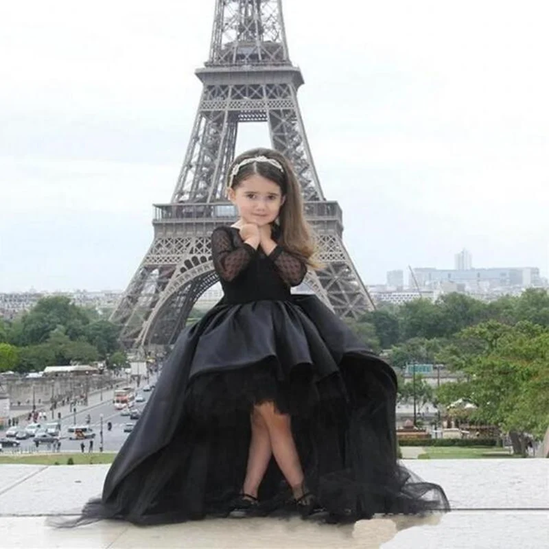 Black Flower Girl Dresses For Girls Jewel Long Sleeve Pageant Dresses Teens Kids Formal Wear Party Communion Dresses