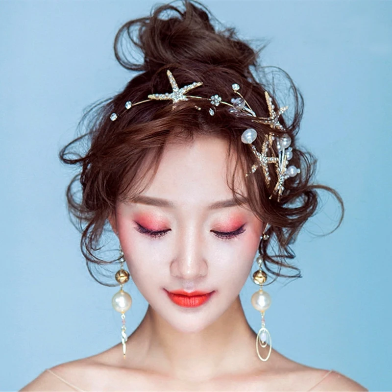 HIMSTORY New Starfish Hair Jewelry Pearl Rhinestone Tiaras Headbands Handmade Bridal Wedding Women Hair Accessories