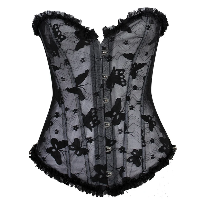 Women's Steampunk Steel Boned Corset Sexy Lace Up Sexy Transparent Butterfly Overbust Gothis Wedding Black Mesh Overbust Corset