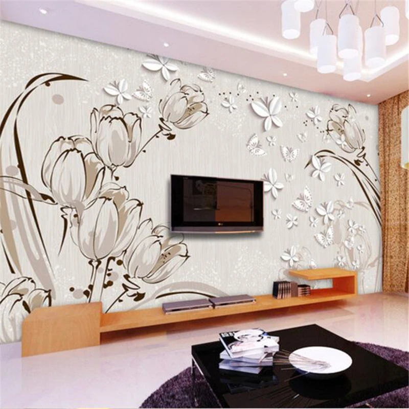 

wellyu Custom Wallpaper 3d Large Mural Tulip 3D Butterfly Living Room TV Background Wall papel de parede обои Wallpaper mural