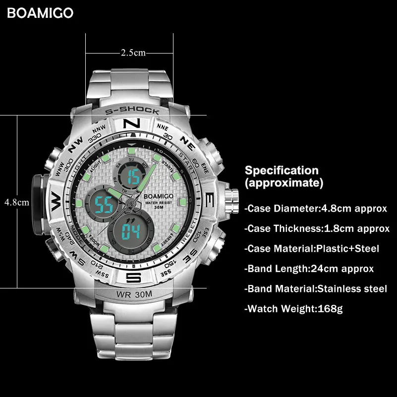 S-Shock Men Sports Watches BOAMIGO Brand Analog Digital LED Electronic Quartz Watch Steel Band 30M Waterproof Relogio Masculino