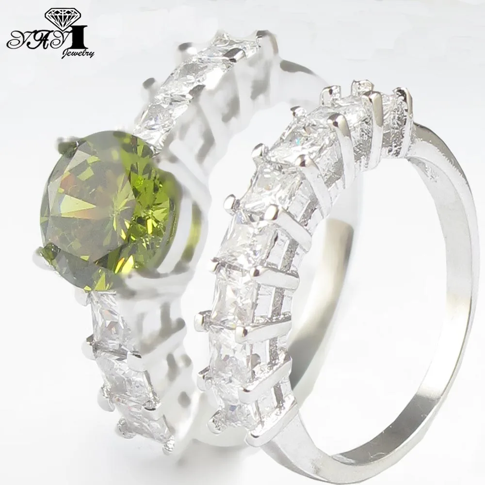 2pcs YaYI Jewelry Top Quality Princess Cut AAA+ Peridot Cubic Zirconia Silver Color Engagement Wedding Heart Party Rings Gifts