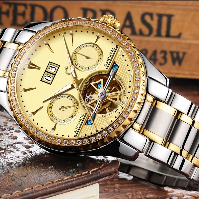 

Multi-function hombre relogio Switzerland Carnival Brand Luxury Diamond Men Watches Skeleton Tourbillion Watch Men C8731-4