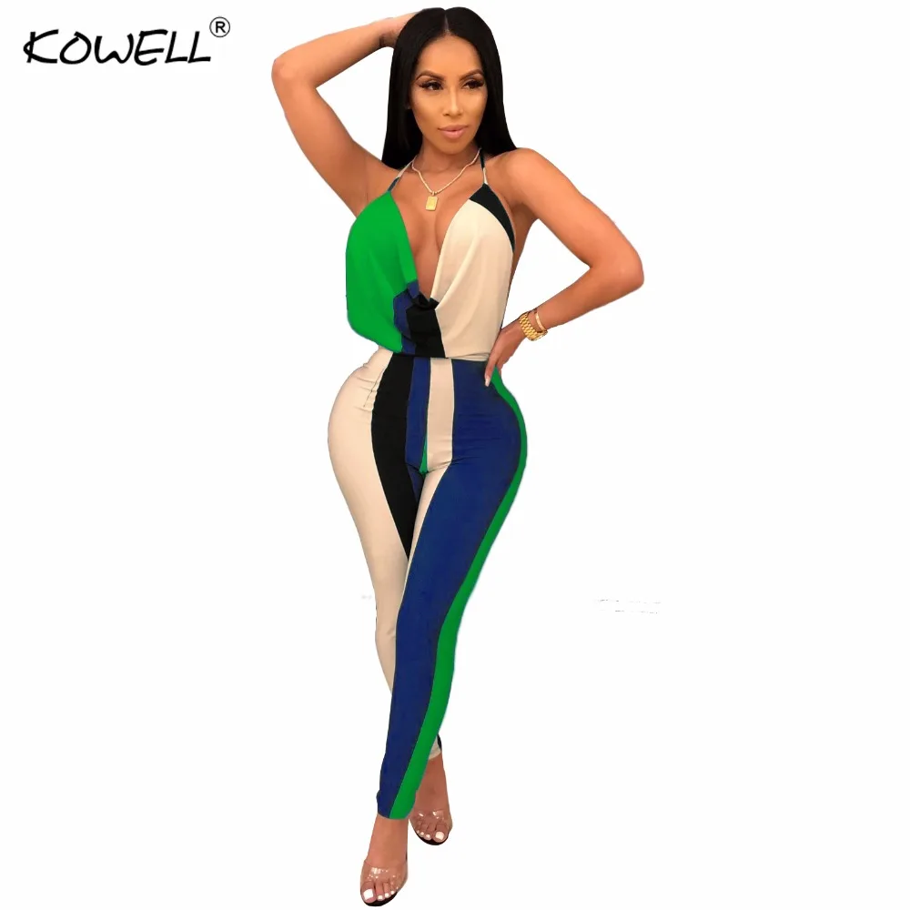 hot sell sleeveless sexy women jumpsuit romper Summer deep v neck patchwork backless long playsuit fitness overalls party club