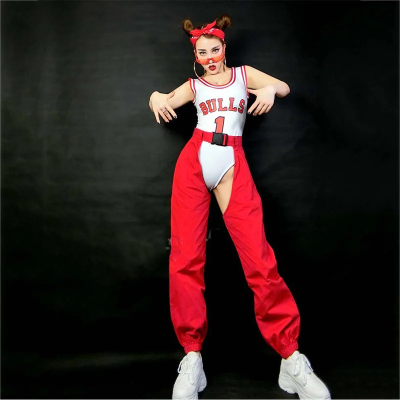 Jazz Dance Costumes Female Sleeveless Bodysuit Red Trousers Suits Women Adults Nightclub Dj Ds Gogo Show Wear Costume DNV11533