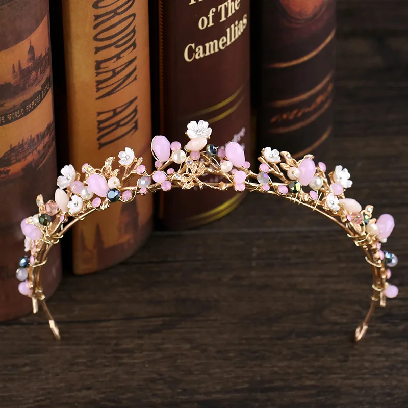 FORSEVEN Romantico Rosa del Fiore di Colore Perline di Cristallo Tiara Corone de Noiva Fascia Diadema di Cerimonia Nuziale Della Sposa Accessori Dei