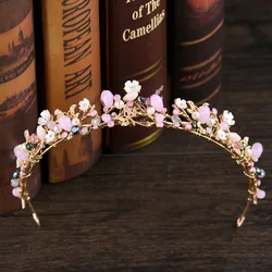 FORSEVEN Romantico Rosa del Fiore di Colore Perline di Cristallo Tiara Corone de Noiva Fascia Diadema di Cerimonia Nuziale Della Sposa Accessori Dei Monili Dei Capelli