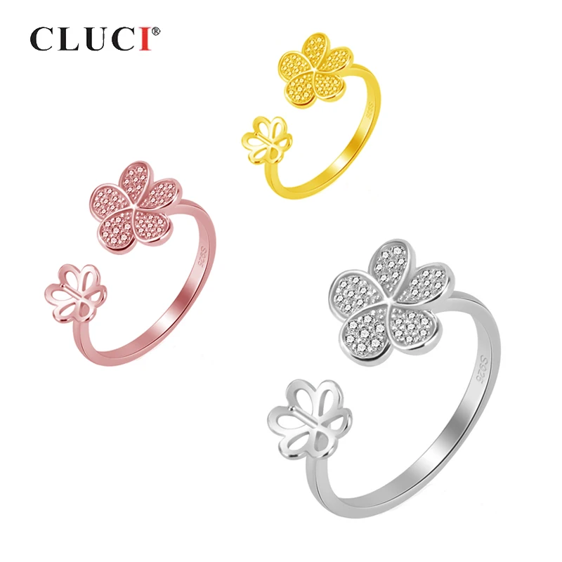 

CLUCI 925 Sterling Silver Adjustable Flower Rings for Women Wedding Jewelry Silver 925 Pearl Ring Mounting Gift Zircon SR2110SB