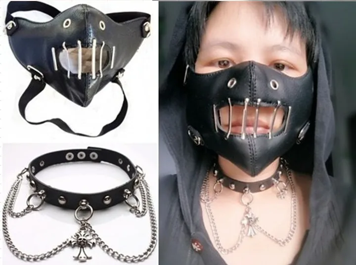 Black Leather Unisex Steampunk Gothic Punk Cosplay Mask with Collar Hollow Out Half Face Protective Rock Winter Warm Masks