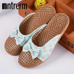 Mntrerm Natural Bamboo Rattan Home Slippers Summer New Linen Cane Grass Weave Women Flat Slippers Cute Bow-knot Flower Home Shoe