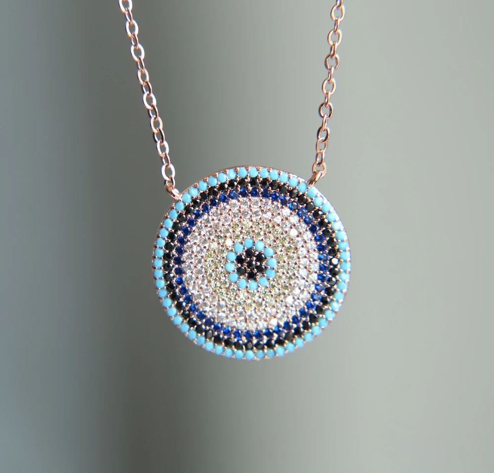 NEW Authentic turquoises turkish evil eye round fashion trendy girl lady micro pave cz fashion necklace