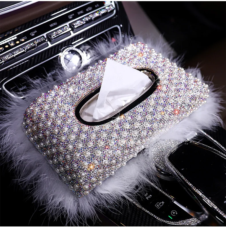 Luxury Pearls Car Tissue Box Crystal Diamond Block type Tissue Boxes Holder for Women Paper Towel Cover Case Car Styling