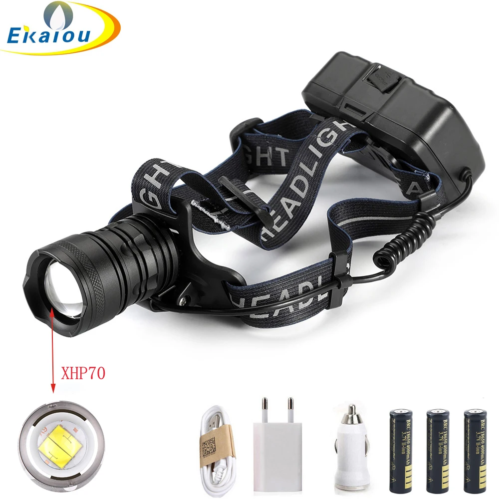 

New Super Bright XHP70 LED Headlamp Rechargeable Head Flashlight 3 Modes Zoom Waterproof LED Headlight USB charging