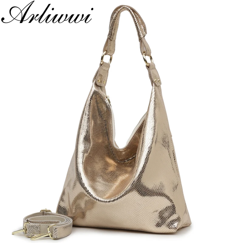 Arliwwi Brand High Quality Real Leather Women Large Shoulder Handbags Fashion Casual Style Gold Messenger Bags Female GB02