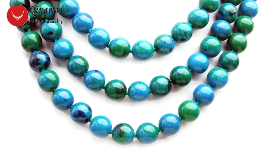 Qingmos Trendy Natural Chrysocolla Necklace for Women with 3 Strands 14mm Green Round Chrysocolla Stone Necklace Jewelry nec6508