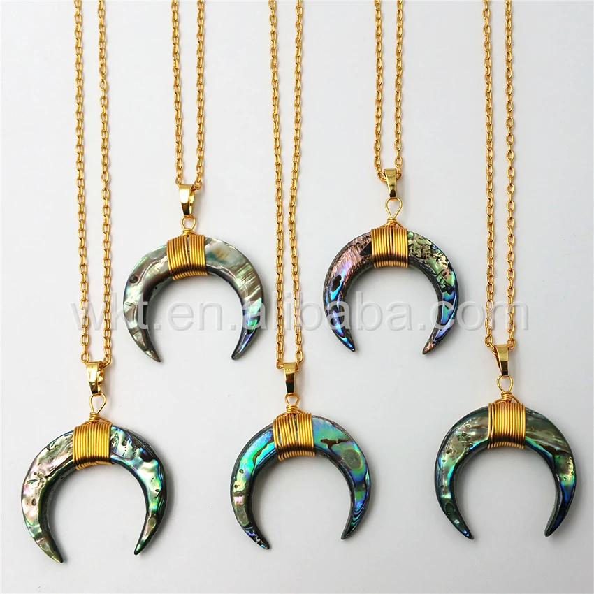 

WT-N810 Wholesale Natual gorgeous sparkly high quality Abalone shell crescent horn necklace, wire wrapped abalone horn necklace