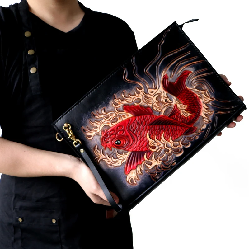 

Special custom High-capacity Handmade Men Vegetable Tanned Leather Bag Clutch Purse Pocket Clutches Man lucky Red Carp Envelope