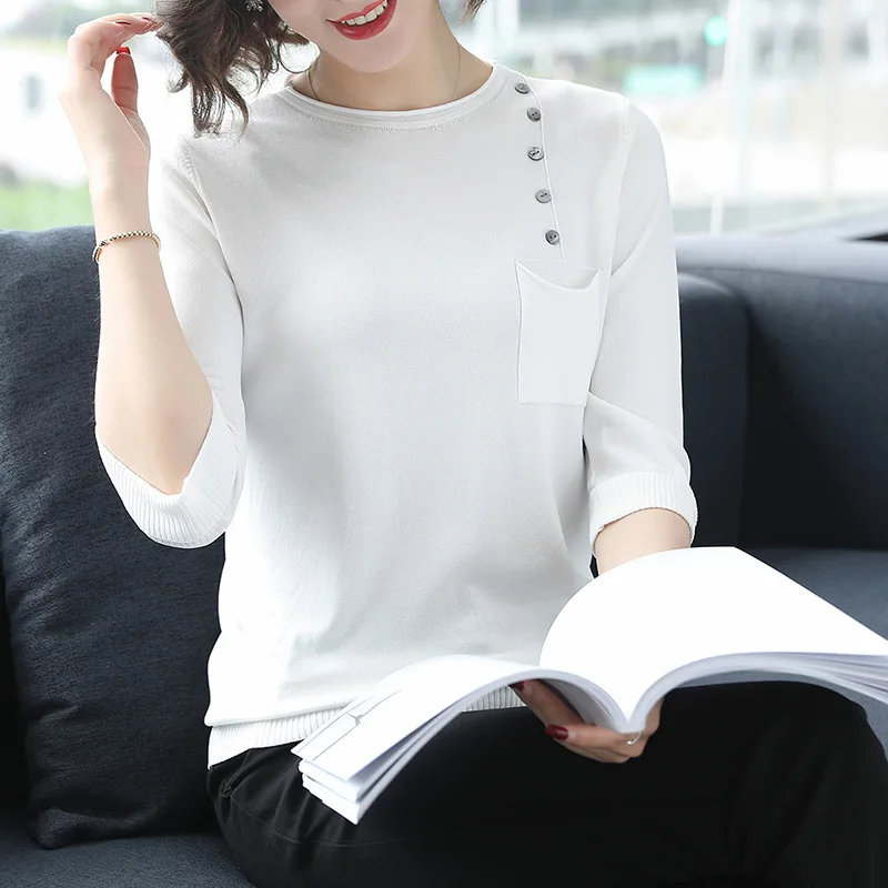 

Women's New Summer T-shirt Loose Solid Color Round Collar Knitted Top Female Three-quarter Sleeves Button Casual T-shirts H9330