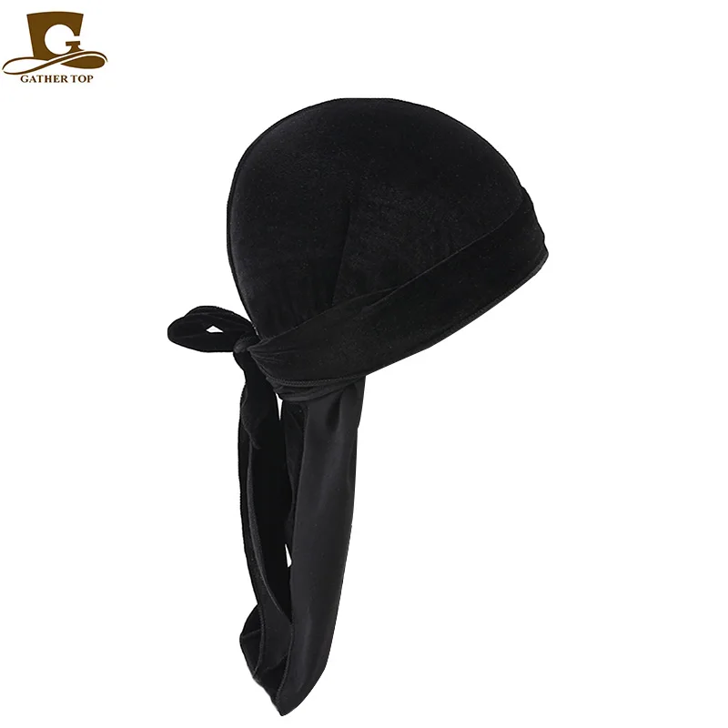 Unisex Long Men Women Velvet Breathable Bandana Hat silky Durag do doo du rag long tail headwrap chemo cap Solid Color Headwear